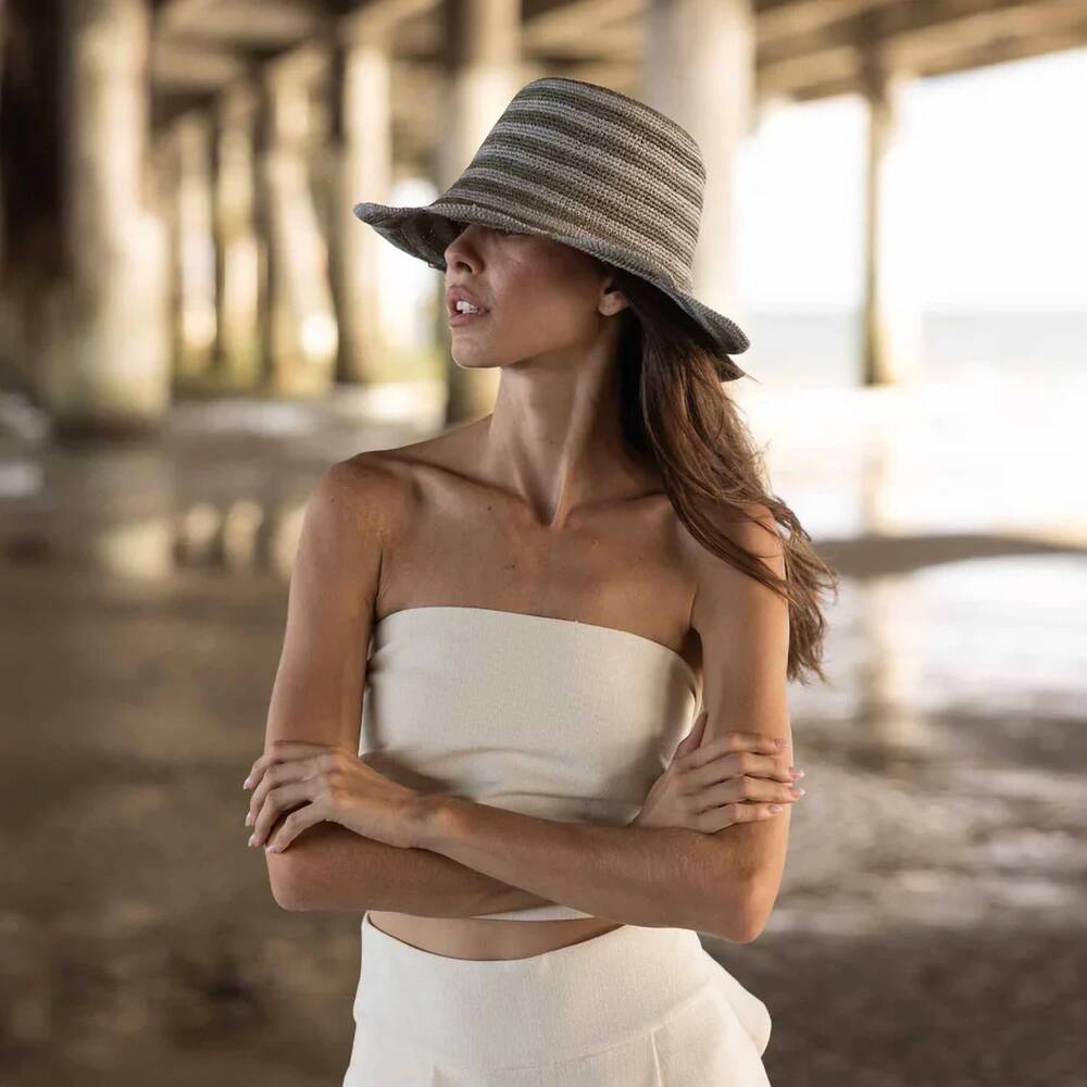 NEW FREYA striped scallop crochet bucket hat in olive sky